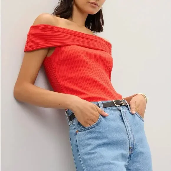 NWT Madewell Ribbed Off-The-Shoulder Top In Red Rouge Size Medium - Picture 2 of 8